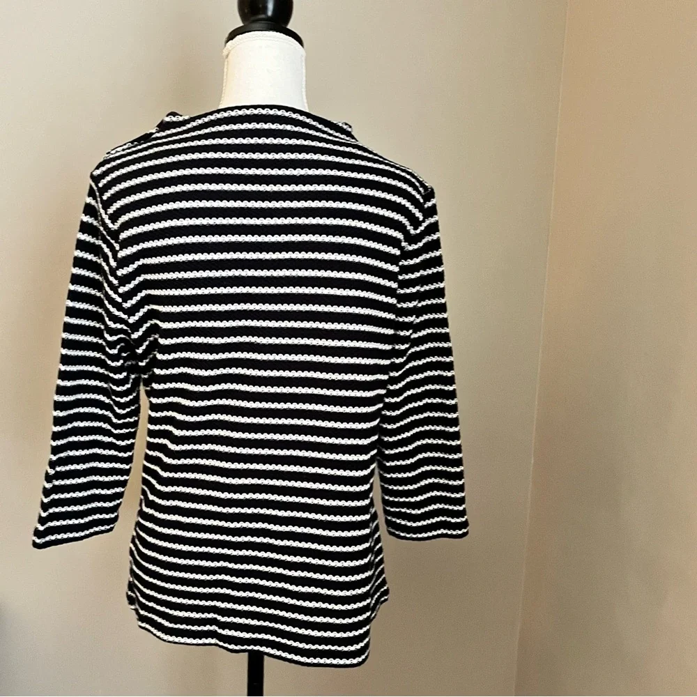 Talbots Sweater Womens Petite L Black White Stripes Knit Gold Button Nautical